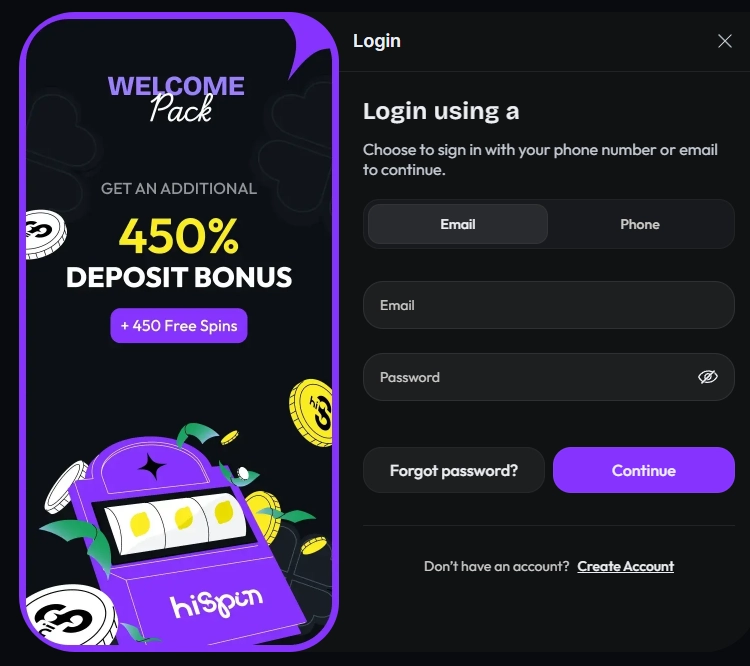 hiSpin login screen with email and password fields, phone login option and password recovery link.