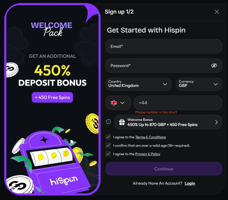 hiSpin registration screen showing email, password, country, currency, phone number, welcome bonus and account terms.