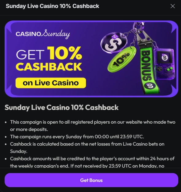 hiSpin Sunday Live Casino promotion offering 10% cashback on live casino losses.