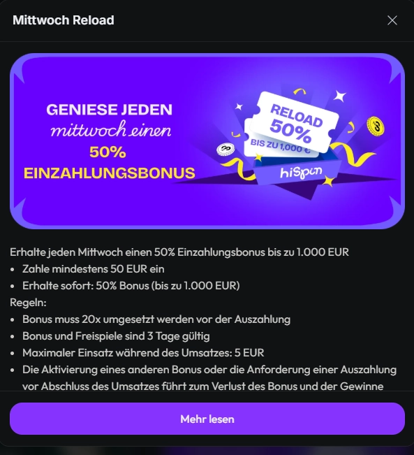 hiSpin Casino Mittwochs-Reload mit 50 % Einzahlungsbonus bis 1000 €