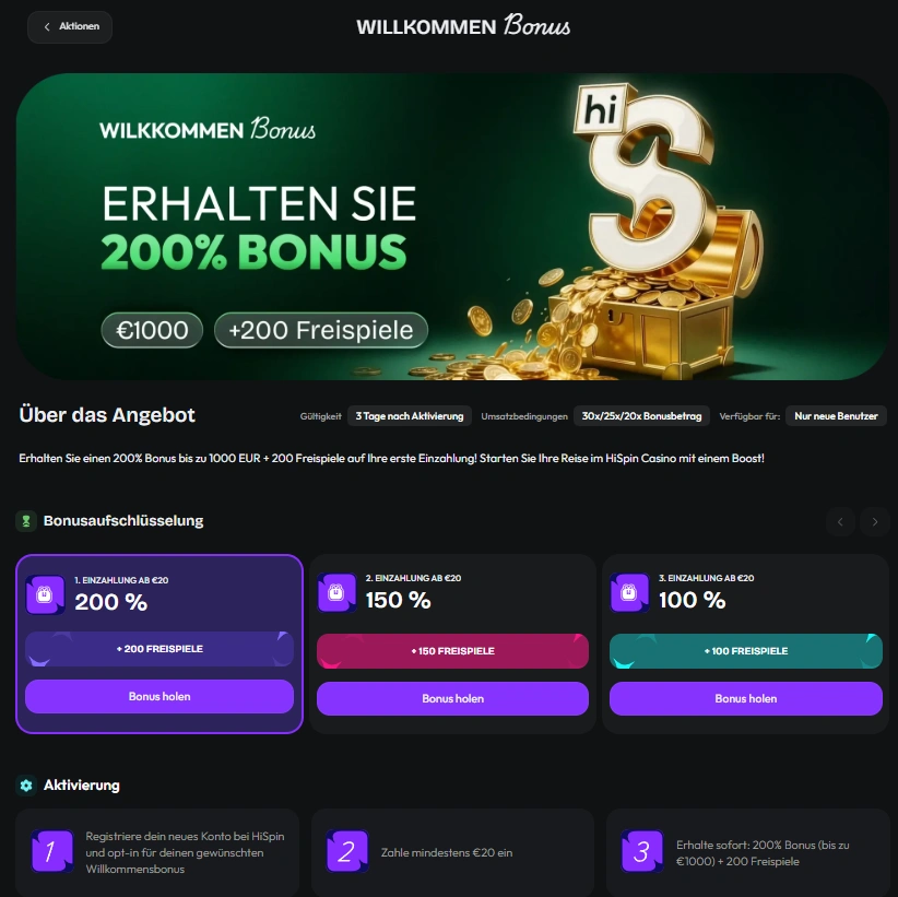 hiSpin Casino Willkommensbonus mit 200 % Bonus, 1000 € und 200 Freispiele