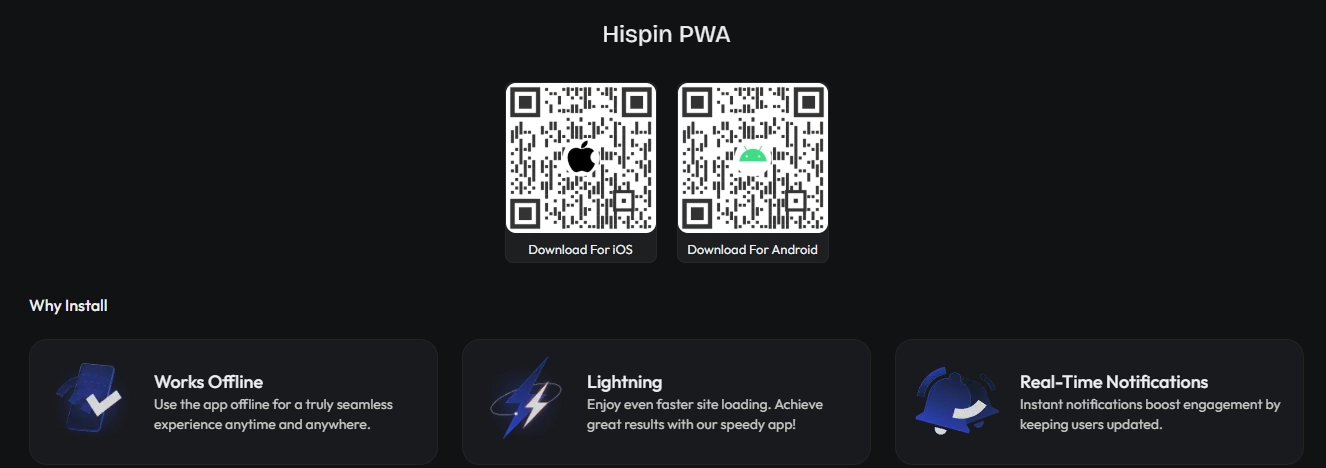 hiSpin PWA installation page with iOS and Android QR codes and app features