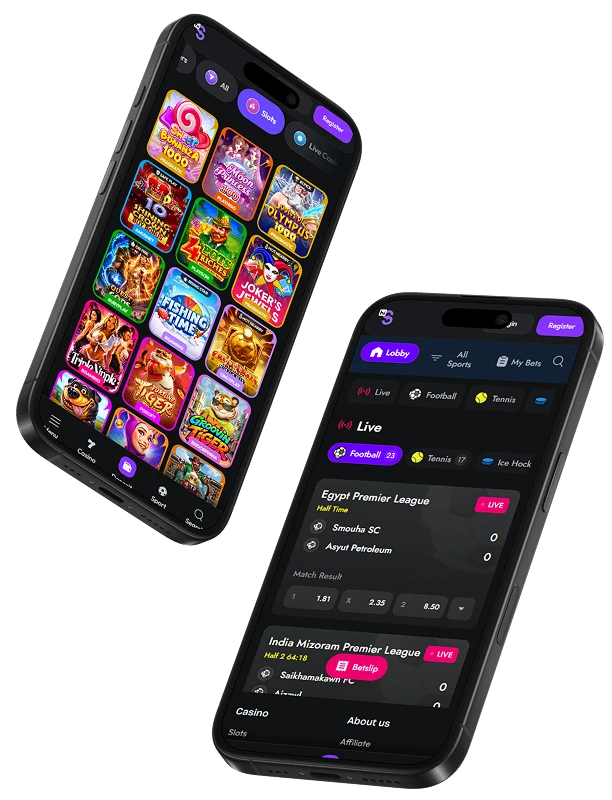 hiSpin mobile interface showing casino games and sportsbook markets on smartphones.