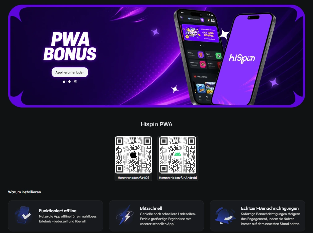 hiSpin Casino PWA Bonus mit 20 € Guthaben und QR-Codes für iOS und Android