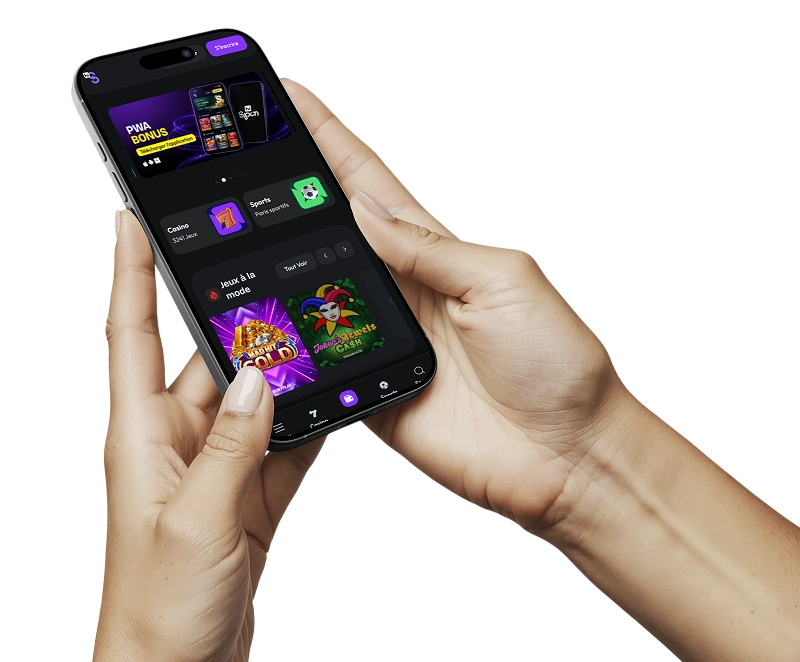 Interface mobile hiSpin affichant des jeux de casino, le casino en direct et les paris sportifs sur deux smartphones.