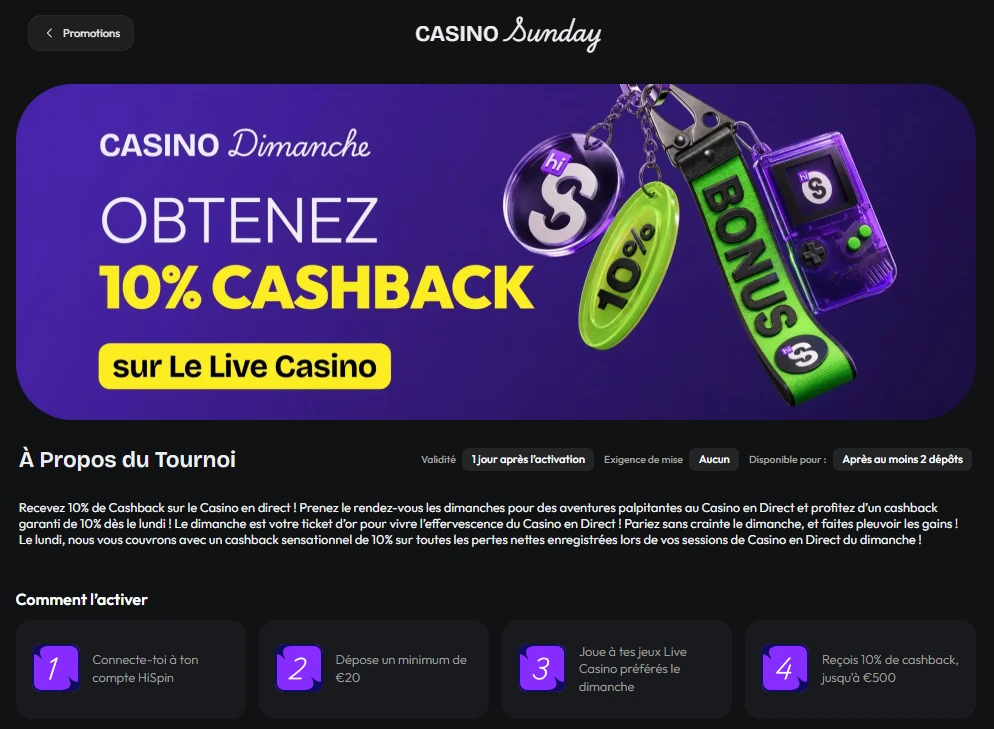 Capture d’écran de l’offre hiSpin Sunday Live Casino avec 10 % de cashback sur le casino en direct.