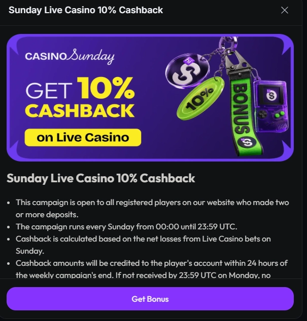 hiSpin Sunday Live Casino promotion offering 10% cashback on live casino losses