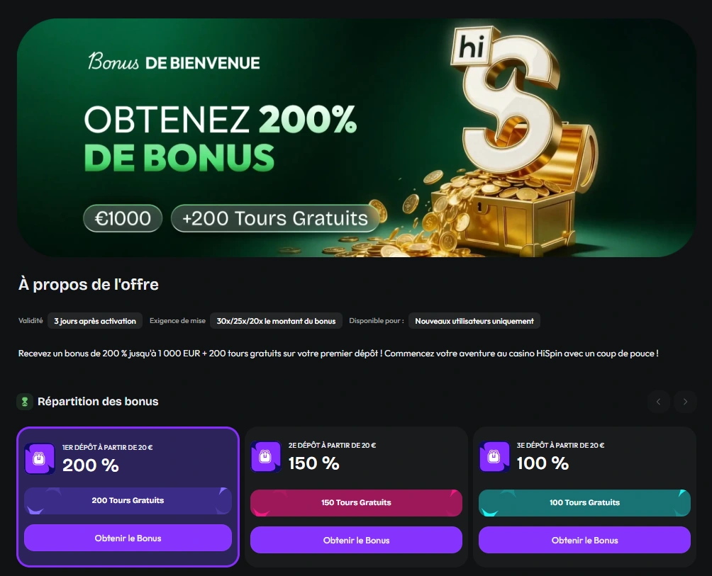 Capture d’écran d’une offre de bienvenue hiSpin affichant 150 % de bonus jusqu’à 870 GBP avec 100 tours gratuits.