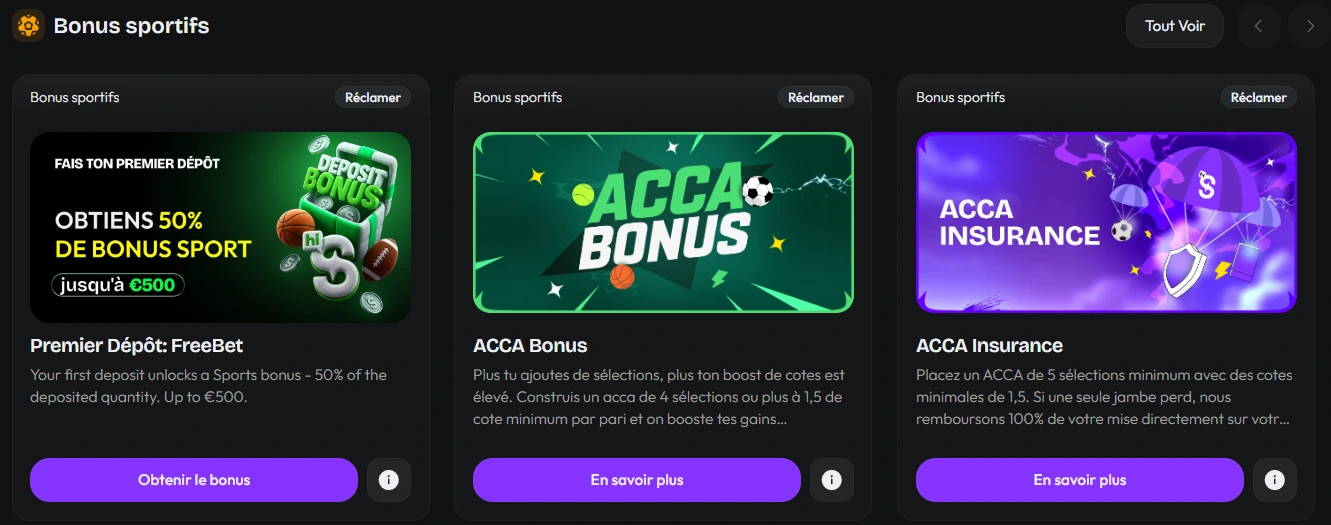 Capture d’écran des offres sportives hiSpin avec le bonus de 50 %, l’ACCA Bonus et l’ACCA Insurance.