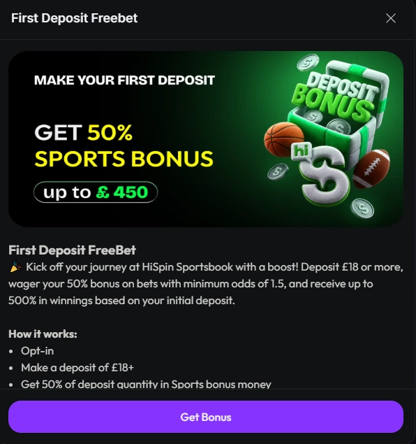 hiSpin first deposit sports bonus offering 50% up to £450