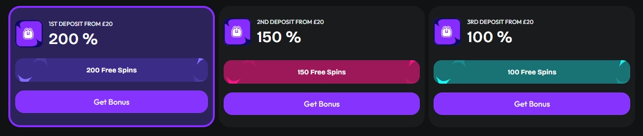 hiSpin welcome package showing 200%, 150% and 100% deposit bonuses with free spins