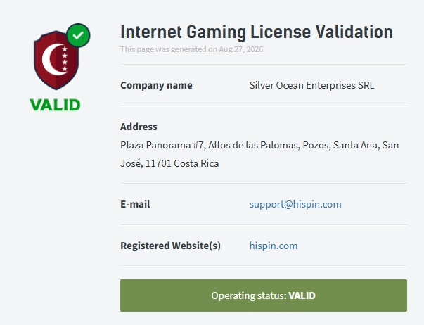 Page de validation de la licence hiSpin indiquant Silver Ocean Enterprises SRL, hispin.com et le statut de licence valide.