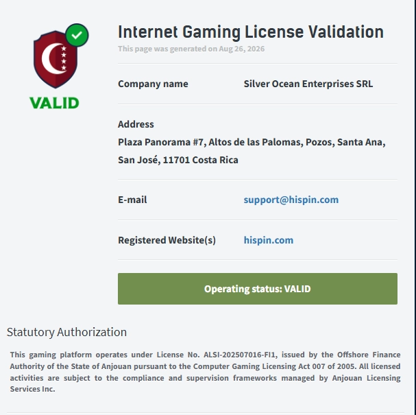hiSpin licence validation page showing Silver Ocean Enterprises SRL, registered address, support email and Anjouan licence number.