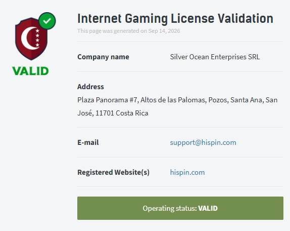 hiSpin internet gaming license validation showing Silver Ocean Enterprises SRL and valid status