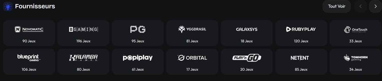 Liste des fournisseurs de jeux hiSpin affichée sur un smartphone avec leurs logos et leurs nombres de titres.