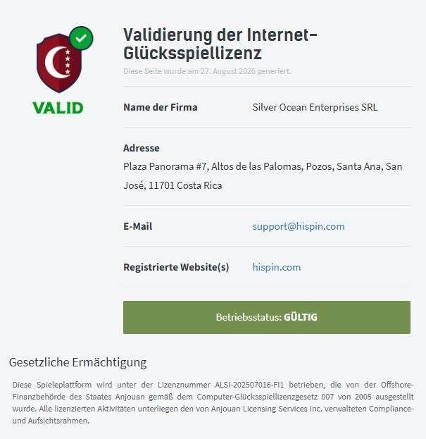 Validierung der Internet-Glücksspiellizenz von hiSpin mit Angaben zum Betreiber