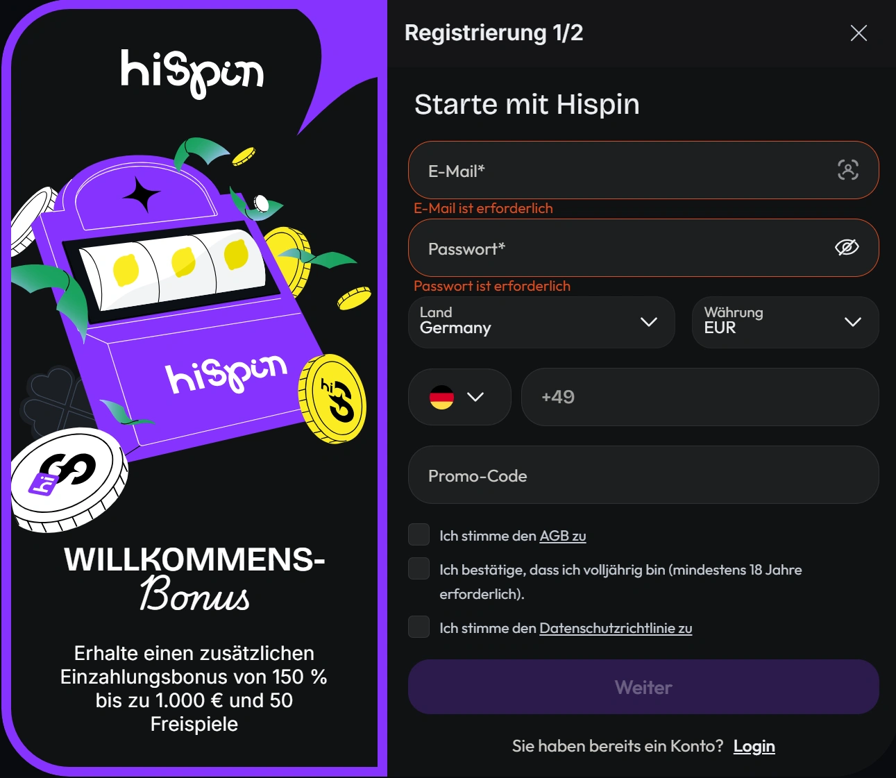 Wie man sich bei HiSpin registriert