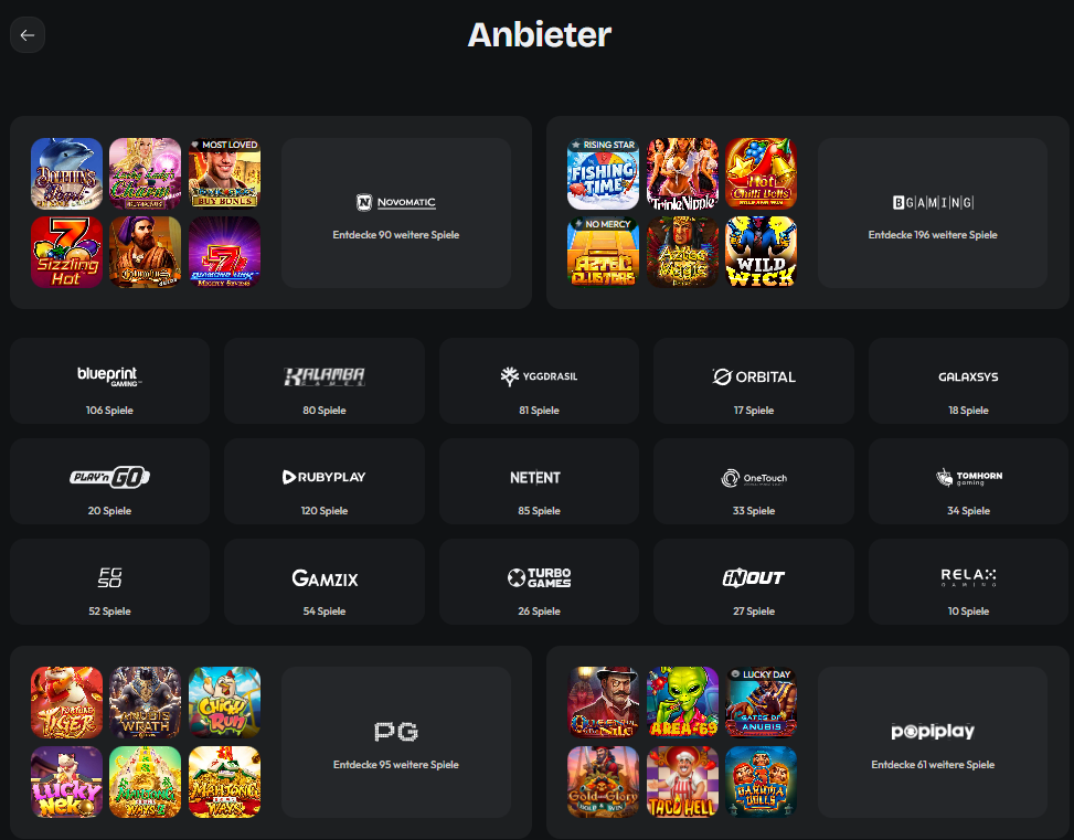 Anbieter von Casinospielen bei hiSpin mit Logos verschiedener Studios