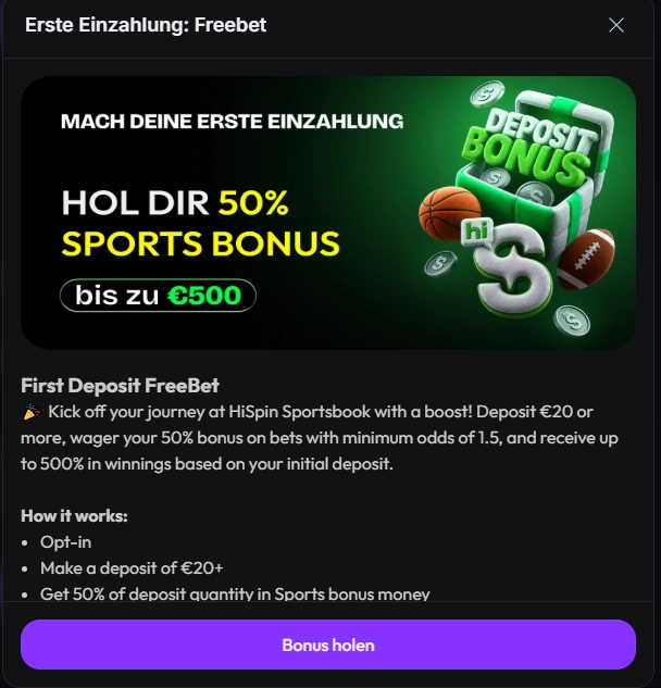 hiSpin Sportbonus mit 50 % bis zu 500 € für die erste Einzahlung