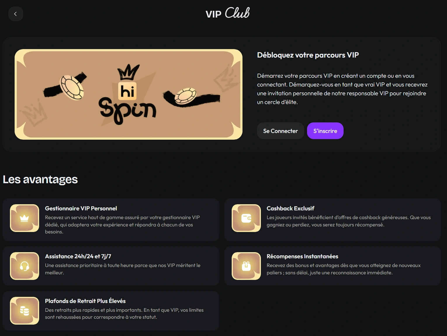 HiSpin Avantages VIP et Fidélité